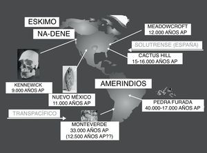 Representa la teoría más popular del poblamiento de este continente desde Asia a través del Estrecho de Bering4. Gris: amerindios (30.000-12.000 años AP); gris claro: Na-Dene (8.000 años AP), atabascos de Canadá, grupos aislados de indios de California y Navajo y Apache del sur del Estados Unidos; gris oscuro: Eskimo (6.000 anos AP). Los aleutianos de las islas Aleutianas en el Estrecho de Bering están separados de los Eskimo en cuanto a la lengua y otros parámetros antropológicos y estaban presentes en las islas antes de que los Eskimo alcanzaran Norteamérica; además, el perfil HLA aleutiano es diferente del perfil de los Eskimo30. Otras teorías del poblamiento de América (flechas grandes): ruta Transpacífica (de Australia e islas del Pacífico), y del pueblo Solutrense de la Península Ibérica6,12. También están representados los descubrimientos arqueológicos más relevantes6. El hombre de Kennewick (Estado de Washington, EE. UU.); Meadowcroft (Pensylvania, EE. UU.); Cactus Hill (Virginia, EE. UU.); Pedra Furada (Brasil); Monte Verde (Chile).