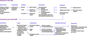 Algoritmo para el diagnóstico y el tratamiento del linfoma anaplásico asociado a implantes mamarios. Guía NCCN 2019. CHOP: ciclofosfamida doxirrubicina vincristina prednisolona; Dx: diagnóstico.