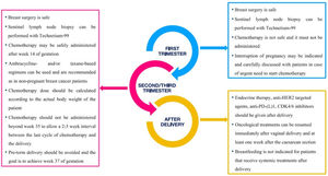 Summary of management's recommendations according to pregnancy trimesters and postpartum period. (Adapted from Poggio et al. 2020.45)