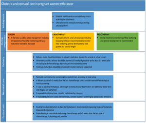 Obstetric and neonatal care in pregnant women with cancer. Abbreviations; CTG, cardiotocography; NIPT, non-invasive prenatal testing. (Adapted from Wolters V et al. 202147).