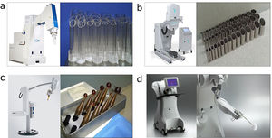 Unidades de radioterapia intraoperatoria y sus respectivos aplicadores. A) En la parte superior se muestran los aceleradores de electrones Liac® y B) Mobetron®, C) en la inferior los sistemas de fotones de baja energía de 50 kV Intrabeam® y D) XoftAxxent®.
