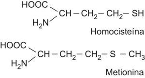 Estructuras químicas de la metionina y de la homocisteína.