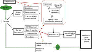 Riesgo cardiovascular en la patología psicótica, mortalidad asociada y papel de los fármacos antipsicóticos en su explicación. En la psicosis se establecen varias causas que conducen al mayor riesgo cardiovascular (RCV): los hábitos de vida, los factores intrínsecos de la psicosis y los efectos secundarios farmacológicos de carácter metabólico. Sin embargo, el papel de la psicosis per se y el control de esta vulnerabilidad intrínseca gracias a los antipsicóticos podrían ser claves a la hora de estudiar el RCV real y establecer si es similar al RCV esperable «teórico» (o clásico) de la población general. CV: cardiovascular; Prot.: proteína.