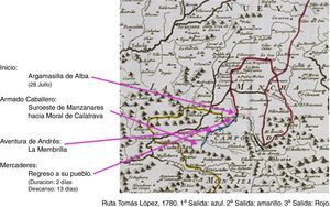Ruta de Tomás López. Primera salida de DQ y localización de estas aventuras. El color de esta figura solo puede apreciarse en la versión electrónica.