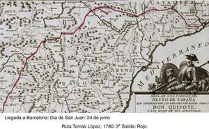 Ruta de Tomás López. Tercera salida de DO y llegada a Barcelona. El color de esta figura solo puede apreciarse en la versión electrónica.