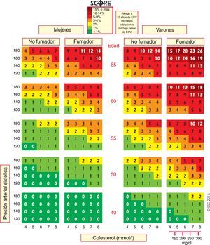 Tabla SCORE: riesgo a 10 años de enfermedad cardiovascular mortal basado en los siguientes factores de riesgo: edad, sexo, presión arterial sistólica y colesterol total. ECV: enfermedad cardiovascular; SCORE: Systematic Coronary Risk Estimation.