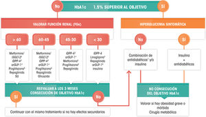 Tratamiento antidiabético en el paciente con DM tipo 2. 1 Fármaco de elección para iniciar la terapia farmacológica, en ausencia de contraindicaciones. Introducción gradual para minimizar efectos adversos digestivos. 2 Fármacos aconsejables en caso de antecedentes de ECV. No utilizar canagliflozina en caso de arteriopatía periférica (riesgo de amputación). En filtrados glomerulares de 45 a 60 se debe reducir la dosis de empagliflozina y canagliflozina y suspender dapaglifozina. 3 Fármacos a considerar en pacientes > 75 años con comorbilidades (anciano frágil). Ajustar la dosis de iDPP-4 en caso de ERC, excepto con linagliptina, que no precisa ajuste de la dosis. 4 Indicados especialmente en pacientes obesos. Liraglutida ha demostrado reducir la mortalidad cardiovascular en diabéticos con antecedentes de ECV. En caso de ERC, ajustar la dosis de exenatida. 5 Contraindicado en IC (grado iii/iv), vigilar edemas. Considerar su uso en alta resistencia insulínica o en esteatosis hepática. 6 ERC estadio 3a: reducir dosis 50%. ERC estadio 3b: no iniciar y considerar la relación riesgo-beneficio de la continuación de la terapia. 7 Utilizar los antidiabéticos adecuados según la función renal y RCV. Está contraindicada de la combinación arGLP-1 e iDPP-4. 8 Algunos arGLP1 disponen de indicación hasta con FG de 15. arGLP1: agonistas del receptor del péptido similar al glucagón 1; DM: diabetes mellitus; ECV: enfermedad cardiovascular; ERC: enfermedad renal crónica; FG: filtrado glomerular; FGe: filtrado glomerular estimado; HbA1c: hemoglobina glucosilada; IC: insuficiencia cardíaca; iDPP4: inhibidores de la dipeptidasa-4; iSGLT2: inhibidores del cotransportador sodio-glucosa tipo 2; RCV: riesgo cardiovascular. Adaptado de Ruiz-García et al.99.