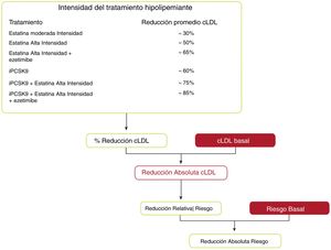 Beneficios clínicos esperados de las terapias reductoras de colesterol de lipoproteínas de baja densidad. cLDL: colesterol de lipoproteínas de baja densidad; iPCSK9: inhibidor de proproteína convertasa subtilisina/kexina tipo 9. Fuente: Modificado de Mach et et al.49.