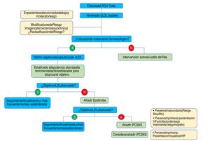 Algoritmo de tratamiento para la reducción farmacológica del cLDL. cLDL: colesterol de lipoproteínas de baja densidad; HF: hipercolesterolemia familiar; iPCSK9: inhibidor de proproteína convertasa subtilisina/kexina tipo 9; RCV: riesgo cardiovascular. Fuente: Modificado de Mach et et al.49.