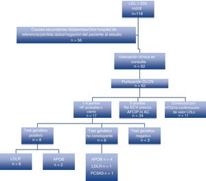 Algoritmo de pacientes valorados y resultados de test genéticos realizados a los pacientes con≥6 puntos de las Clínicas de Lípidos Holandesas. AC: arco corneal; AFCIP: antecedente familiar de cardiopatía isquémica precoz; APOB: apolipoproteína B; DLCN: Dutch Lipid Clinic Network; ECV: enfermedad cardiovascular; HF: hipercolesterolemia familiar; HTG: hipertrigliceridemia; LDLR: receptor de LDL; PCSK9: proproteína convertasa subtilisina/kexina tipo 9.