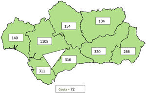 Representación gráfica. Número de pacientes>18 años y con colesterol ligado a lipoproteínas de baja densidad>250mg/dl clasificados por centros hospitalarios.