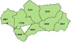 Representación gráfica de posibles pacientes afectos de hipercolesterolemia familiar según provincia de Andalucía en 2019 con prevalecía estimada 1/250 y triángulo de mayor prevalencia.