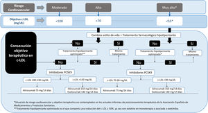 Algoritmo de abordaje de terapéutico para conseguir los objetivos terapéuticos en c-LDL en la población con diabetes.