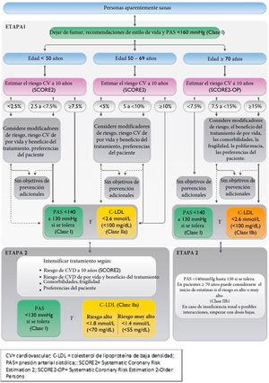 Algoritmo de riesgo vascular y objetivos terapéuticos en pacientes aparentemente sanos. C-LDL: colesterol ligado a lipoproteínas de baja densidad; CV: cardiovascular; CVD: enfermedad cardiovascular; PAS: presión arterial sistólica; SCORE2: Systematic Coronary Risk Estimation 2; SCORE2-OP: Systematic Coronary Risk Estimation 2-Older Persons. Adaptada de la figura 6, página 26. Eur Heart J. 2021;42:3227-3337. doi: 10.1093/eurheartj/ehab484.
