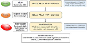 Riesgo relacionado con la enfermedad renal crónica según las categorías de filtrado glomerular y de albuminuria. Áreas en verde: riesgo de referencia (no hay enfermedad renal si no hay otros marcadores definitorios); áreas en amarillo: riesgo moderado; áreas en naranja: riesgo alto; áreas en rojo: riesgo muy alto. *La albuminuria se expresa como cociente albúmina/creatinina. Guías Kidney Disease: Improving Global Outcomes ?KDIGO? sobre enfermedad renal crónica.
