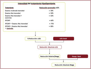 Beneficios clínicos esperados de las terapias reductoras de colesterol de lipoproteínas de baja densidad. cLDL: colesterol de lipoproteínas de baja densidad; iPCSK9: inhibidor de proproteína convertasa subtilisina/kexina tipo 9. Modificado de Mach et al.49.