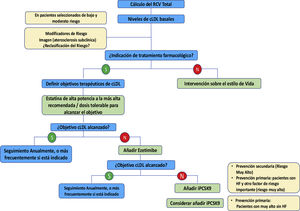 Algoritmo de tratamiento para la reducción farmacológica del cLDL. cLDL: colesterol de lipoproteínas de baja densidad; iPCSK9: inhibidor de proproteína convertasa subtilisina/kexina tipo 9; RCV: riesgo cardiovascular. Modificado de Mach et al.49.