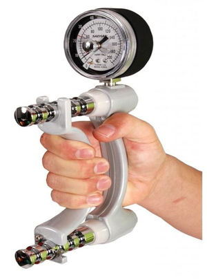 Jamar dynamometer. Isometric Hand Grip Strength is a simple, non-invasive, inexpensive test used as a predictor of adverse health outcomes that can be measured using a variety of digital, analog, hydraulic, and Smedley-type dynamometers.