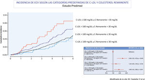 En la figura se muestra la relación entre el perfil lipídico basal y la incidencia de episodios mayores de enfermedad cardiovascular aterotrombótica (ECVA) en la población del estudio Prevención con Dieta Mediterránea (Predimed; con una edad media de 67 años, un índice de masa corporal de 30kg/m2, 43% varones y 48% con diabetes) durante un seguimiento de 4,8 años. La relación entre las concentraciones de lípidos como variables categóricas y la incidencia de episodios mayores de ECVA se analizó mediante modelos ajustados y no ajustados de riesgo proporcional de Cox (n=6.901; casos de ECVA=263). En cada subgrupo de c-LDL (>100 o≤100mg/dL [2,59mmol/L]), un colesterol remanente basal alto (>30mg/dL [0,78mmol/L]) identificaba a los individuos con mayor riesgo de ECVA en comparación con los que tenían concentraciones menores. La menor incidencia de episodios mayores de ECVA se observó en los grupos con colesterol remanente bajo, con independencia de las concentraciones de c-LDL y de otros factores de riesgo cardiovascular.