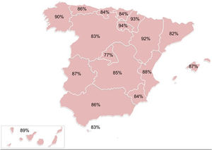 Distribución de los pacientes de alto/muy alto riesgo cardiovascular tratados con estatinas de alta intensidad en monoterapia o estatinas en combinación con ezetimiba y/o inhibidores de PCSK9 por comunidad autónoma.