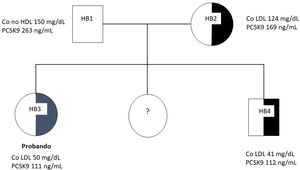 Árbol genealógico de la familia estudiada. El sombreado negro indica la presencia de la variante de pérdida de función de PCSK9 en heterocigosis. Se muestran los niveles circulantes de colesterol (Co) en LDL (mg/dl) y de PCSK9 (ng/ml).