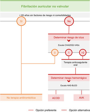Algoritmo para el tratamiento antitrombótico en la fibrilación auricular. ACOD: anticoagulantes orales de acción directa; AVK: antivitamina K; CHA2DS2-VASc: Congestive Heart Failure, Hypertension, Age, Diabetes, Previous Stroke; HAS-BLED: Hypertension, Abnormal renal/liver function, Stroke, Bleeding history or predisposition, international normalized ratio, Elderly (> 65 years), Drugs/alcohol concomitantly.