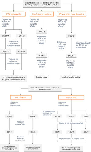 Pautas terapéuticas en función de la situación vascular, del índice de masa corporal, de la enfermedad renal diabética y de la presencia de insuficiencia cardiaca. 8A) Pauta terapéutica en pacientes con diabetes mellitus tipo 2, con enfermedad vascular o con alto/muy alto riesgo vascular, o con insuficiencia cardiaca o con enfermedad renal diabética. *en caso de utilizar metformina en primer escalón. 8B) Pauta terapéutica en pacientes con diabetes mellitus tipo 2 y moderado/bajo riesgo vascular, sin enfermedad vascular aterosclerótica establecida, sin insuficiencia cardiaca o sin enfermedad renal diabética. *utilizar iDDP4 en caso de riesgo alto de hipoglucemia y en sujetos con fragilidad, demencia, ancianos. arGLP-1: agonistas del receptor del péptido similar al glucagón 1; DM: diabetes mellitus; ECV: enfermedad cardiovascular; HbA1c: hemoglobina glicosilada; iSGLT2: inhibidores del cotransportador de sodio y glucosa tipo 2; SU: sulfonilureas; iDPP-4: inhibidores de la dipeptidil peptidasa-4; IMC: índice de masa corporal.