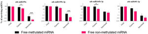 Percentage of survival of broccoli miRNAs after in vitro digestion. Values are means±SD (n=3). *p<0.05, ***p<0.001.