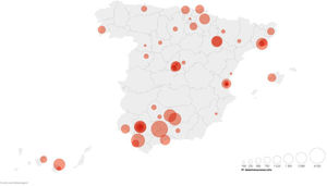 Representación gráfica en función de la geolocalización de número de determinaciones de la lipoproteína (a) en los hospitales participantes.
