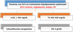 Algoritmo terapéutico en los pacientes con enfermedad cardiovascular: hacia la planificación transversal en los subgrupos con mayor riesgo. cLDL: colesterol de las lipoproteínas de baja densidad; ECV: enfermedad cardiovascular; IM: infarto de miocardio; IPE: icosapento de etilo; SCA: síndrome coronario agudo; TG: triglicéridos.