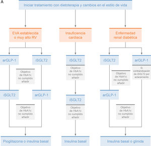 A) pauta terapéutica en pacientes con diabetes mellitus de tipo 2, con enfermedad vascular arteriosclerótica establecida, con muy alto riesgo vascular, con insuficiencia cardiaca o con enfermedad renal diabética; B) pauta terapéutica en pacientes con diabetes mellitus de tipo 2 y moderado/bajo riesgo vascular, sin enfermedad vascular aterosclerótica establecida, sin insuficiencia cardiaca o sin enfermedad renal diabética. arGLP-1: agonistas del receptor del péptido similar al glucagón 1; DM: diabetes mellitus; ECV: enfermedad cardiovascular; HbA1c: hemoglobina glicada; IC: insuficiencia cardiaca; iDPP-4: inhibidores de la dipeptidil peptidasa-4; IMC: índice de masa corporal; iSGLT2: inhibidores del cotransportador de sodio y glucosa tipo 2; SU: sulfonilureas.