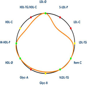 Illustration of arterial contour. The arterial contour represents the patient's profile (orange contour) with respect to mean values from a general population, represented by a black circle. The area defined by the patient's arterial contour decreases when its profile is associated with higher cardiovascular risk (i.e. values higher than the reference population's mean for VLDL-C, VLDL-TG, VLDL-P, LDL-C, LDL-TG, S-LDL-P, HDL-TG variables; or lower than reference population's mean for LDL-Z, HDL-Z and M-HDL-P variables). Variables contributing to a decrease in the arterial contour area are marked in red, while variables that contribute to an increase in the arterial contour area are marked in green. Variables whose values are close to the reference population's mean appear in yellow. LDL-C, low-density lipoprotein cholesterol; LDL-TG, LDL triglycerides; S-LDL-P, small LDL particles; LDL-Ø, LDL particle size; HDL-C, high-density lipoprotein cholesterol; HDL-TG, HDL triglycerides; M-HDL-P, medium HDL particles; HDL-Ø, HDL particle size; VLDL-C, very low-density lipoprotein cholesterol; VLDL-TG, VLDL triglycerides; VLDL-P, VLDL particles; Remnant-C remnant cholesterol; Glyc-A, N-acetyl-glucosamine/-galactosamine protein bonds; Glyc-B, N-acetyl-neuraminic acid protein bonds.