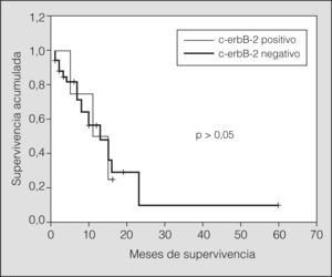 Curva de supervivencia de los pacientes con enfermedad limitada según la expresión de c-erbB-2.