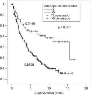Supervivencia en el carcinoma broncogénico no microcítico en función de las adenopatías analizadas.