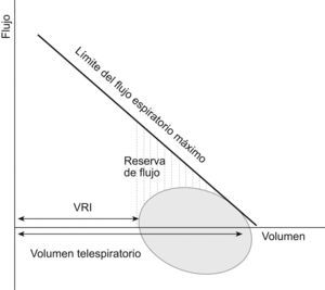 Representación esquemática de una curva flujo-volumen en respiración espontánea. El flujo espiratorio (positivo en la gráfica) puede incrementarse utilizando la reserva de flujo hasta alcanzar el límite del flujo espiratorio máximo, momento en el que se presenta el fenómeno de limitación del flujo espiratorio en la parte correspondiente de la curva flujo-volumen. La opción alternativa es usar el volumen de reserva inspiratorio (VRI) e incrementar el volumen telespiratorio desarrollando hiperinflación dinámica, lo que permite incrementar el flujo espiratorio sin alcanzar la situación de limitación del flujo espiratorio. En presencia de limitación máxima del flujo espiratorio (cercana al 100% del volumen circulante), la única opción es la hiperinflación dinámica.