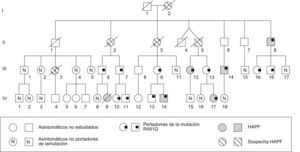 Árbol genealógico de la familia con la mutación R491Q (caso 7).