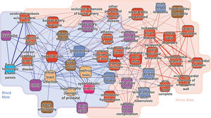Phenotypic Disease Network. Diferencias en raza y sexo. Los nodos identifican enfermedades. El color del nodo representa una categoría ICD9; enlaces azules indican comorbilidades que son más fuertes entres hombres de raza negra, mientras que los enlaces rojos indican comorbilidades que son más fuertes entre hombres de raza blanca. Para más información, consultar texto. Fuente: Hidalgo CA et al24.