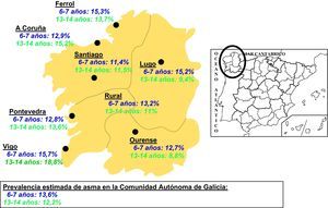 Prevalencia de sibilancias en los últimos 12 meses en la Comunidad Autónoma de Galicia (España), según grupos de edad y áreas de estudio. Estimación de la prevalencia global de asma en la Comunidad Autónoma de Galicia (España) según grupos de edad