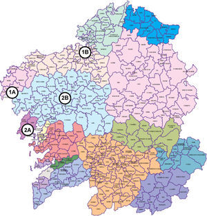 Distribución territorial de las áreas sanitarias del Sergas. 1A: Hospital comarcal de Cee; 1B: su hospital de referencia, CHUAC en A Coruña; 2A: Hospital comarcal de Barbanza, en Riveira; 2B: su hospital de referencia, CHUS en Santiago de Compostela.