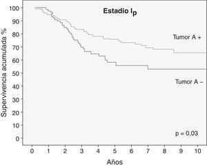 Resultados de supervivencia según el método de Kaplan-Meier de los pacientes con carcinoma no microcítico de pulmón (CNMP) en estadio I patológico en función de la expresión del antígeno del GSA.