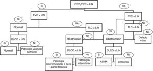 Algoritmo de interpretación de las pruebas de función respiratoria. FEV1: volumen espirado en el primer segundo; FVC: capacidad vital forzada; LIN: límite inferior de la normalidad; TLC: capacidad pulmonar total.
