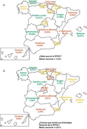 Mapa por comunidades autónomas del a) conocimiento de qué es la EPOC, y b) conocimiento que existe una Estrategia Nacional de la EPOC.