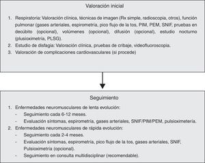Evaluación y seguimiento de las complicaciones respiratorias del paciente con enfermedad neuromuscular. PEM: presión espiratoria máxima; PIM: presión inspiratoria máxima; PLSG: polisomnografía; SNIF: presión inspiratoria esnifando.