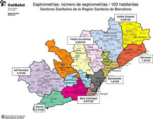 Tasas de espirometrías por 100 habitantes en la región sanitaria de Barcelona.