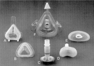 Máscaras de ventilación mecánica no invasiva. A, máscara nasal estándar (Respironics Inc., Murrysville, Pa); B, máscara nasal Sullivan (Sullivan Bubble Mask, ResCare, San Diego, Ca); C, pillows nasal (Nellcor Puritan Bennett, ADAM circuit, Pleasanton, Ca); D, mini mask (Respironics Inc., Murrysville, Pa); E, lip seal (Nellcor Puritan Bennett, Pleasanton, Ca); F, máscara total (Spectrum, Respironics Inc., Murrysville, Pa).