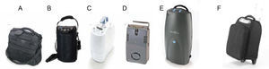 Sistemas portátiles con válvula a demanda: Concentradores. A) Respironics, Murrysville,Pennsylvania; B) Invacare,Elyria, Ohio; C) Inogen, Goleta, California; D) AirSep, Buffalo, New York. E) SeQual Technologies, San Diego, California; F) DeBillviss Igo.