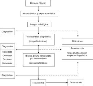 Estudio diagnóstico de los pacientes con derrame pleural. En línea discontinua se muestran las pruebas diagnósticas cuya indicación y localización temporal se recomienda según las características clínico-radiológicas o del líquido pleural.