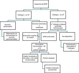 Algoritmo de actuación en la sospecha de derrame pleural maligno. DPM: derrame pleural maligno.