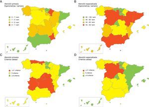 Distribución del número de espirometrías por semana (A-B) y de la cumplimentación de los criterios de calidad (C-D) en AP (A-C) y AE (B-D).