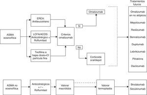 Propuesta de tratamiento en AGNC según fenotipo. ACOS: síndrome de solapamiento asma/EPOC; EREA: enfermedad respiratoria exacerbada por aspirina; LCFA: limitación crónica al flujo aéreo.